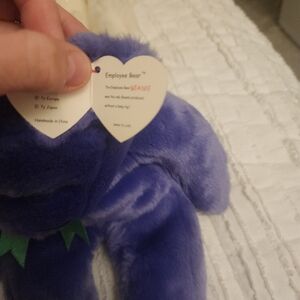 Ty Beanie Buddy Employee Bear Large Purple W/ Green Ribbon 2000 14”